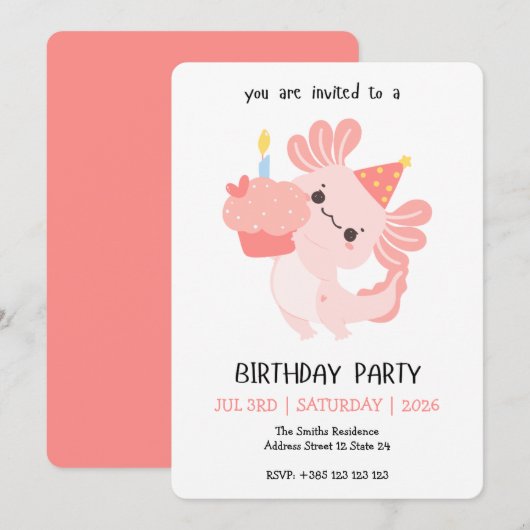 かわいいウーパールーパーの誕生日パーティーの招待状 招待状 (正面/裏面)
