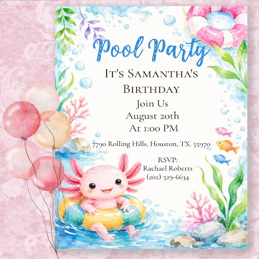 かわいいウーパールーパーの誕生日プールパーティー 招待状