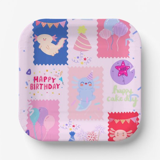 かわいいウーパールーパーの誕生日 ペーパープレート (正面)