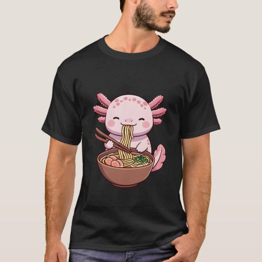 かわいいウーパールーパー ラーメンを食べる Tシャツ (正面)