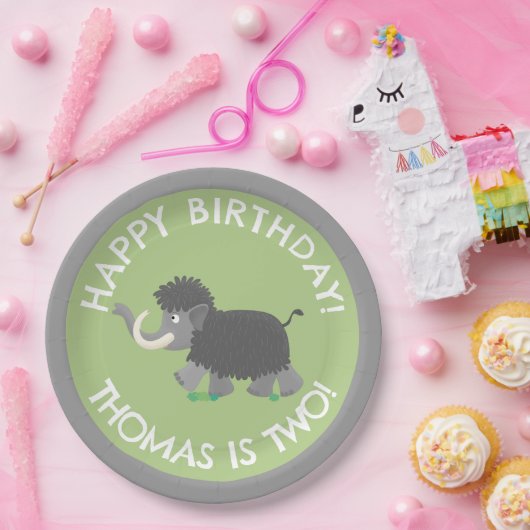 かわいいウールのマンモスパーソナライズされたマンガの誕生日 ペーパープレート (パーティー)