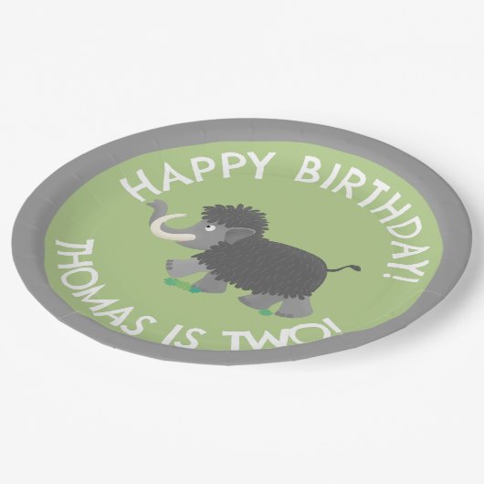 かわいいウールのマンモスパーソナライズされたマンガの誕生日 ペーパープレート (アングル)