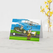 かわいいエアフォースパイロットとバイプレーン カード (黄色い花)