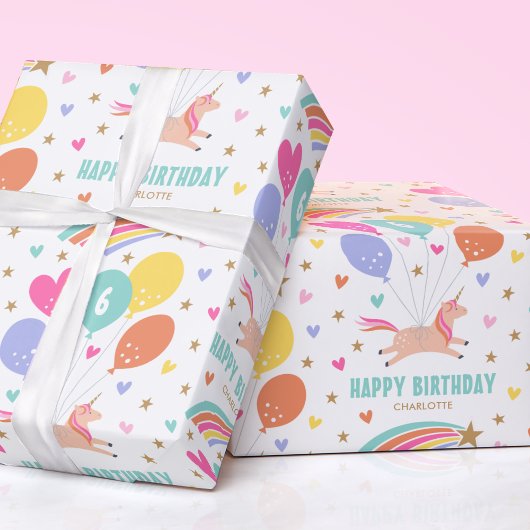 かわいいエイジハッピーバースデーユニコーンキッズ名 ラッピングペーパー