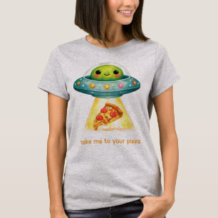 かわいいエイリアンがピザを誘拐 面白いUFO フードラバー Tシャツ