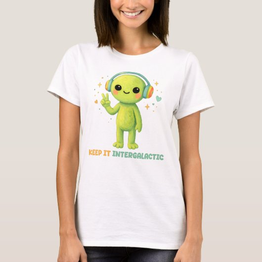 かわいいエイリアンのインターナショナルピースマーク 音楽 Tシャツ (正面)