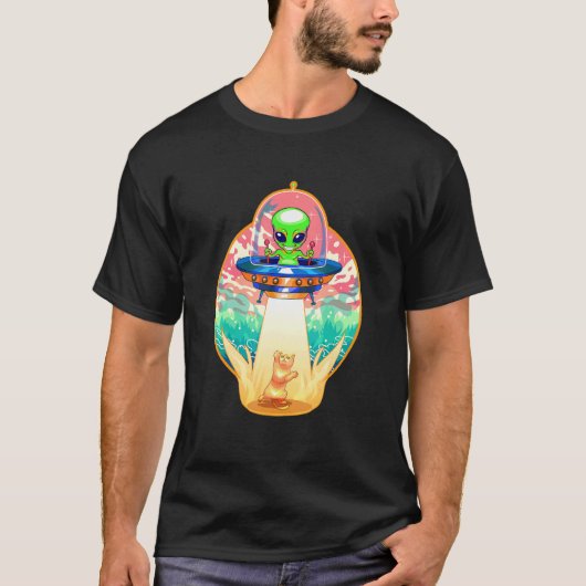 かわいいエイリアンキャット誘拐飛行宇宙船UFO子猫 Tシャツ (正面)