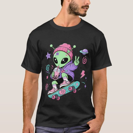かわいいエイリアンスケーターバブルティーデザイン Tシャツ (正面)