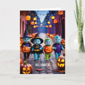 かわいいエイリアンズトリックまたはトレーターのハロウィンシーン カード (正面)