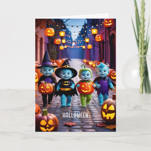 かわいいエイリアンズトリックまたはトレーターのハロウィンシーン カード (正面)