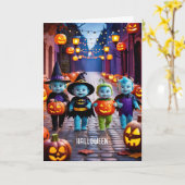 かわいいエイリアンズトリックまたはトレーターのハロウィンシーン カード (黄色い花)