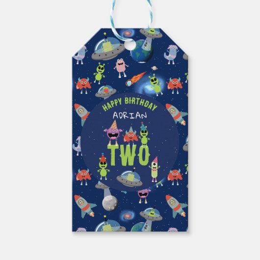 かわいいエイリアンモンスター宇宙子供の誕生日名前年齢 ギフトタグ (正面)