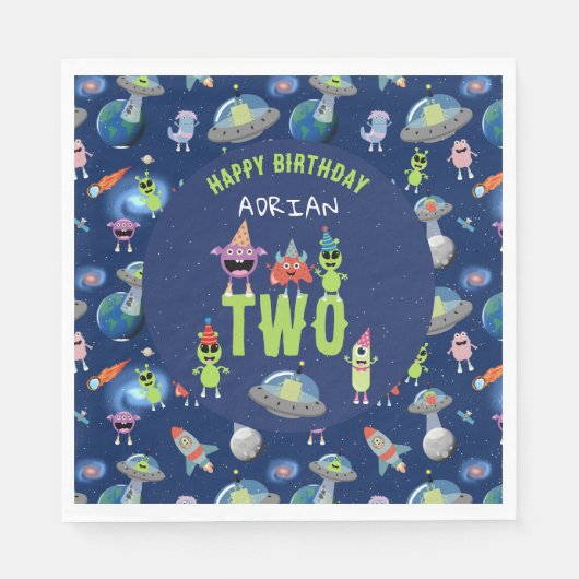 かわいいエイリアンモンスター宇宙子供誕生日名前年齢 スタンダードランチョンナプキン (正面)