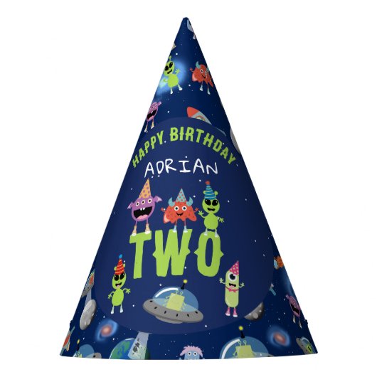 かわいいエイリアンモンスター宇宙子供誕生日名前年齢 パーティーハット (正面)
