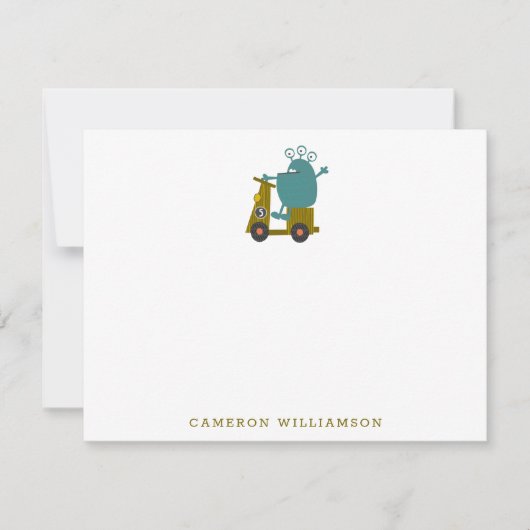 かわいいエイリアンレーシングスクーターパーソナライズされた文房具 サンキューカード (正面)