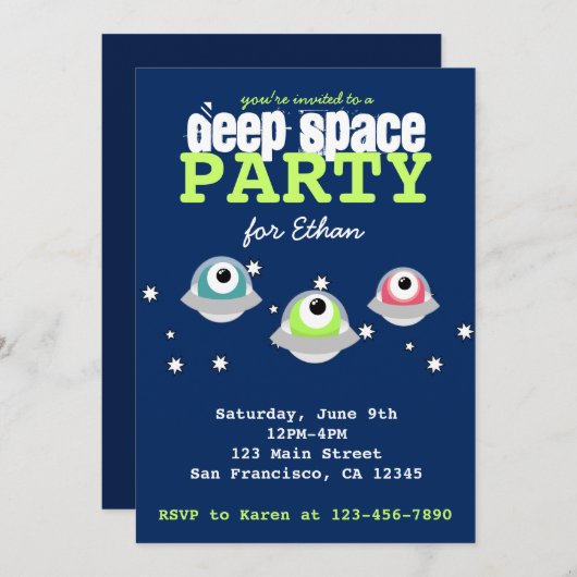 かわいいエイリアン深い宇宙誕生会 招待状 (正面/裏面)