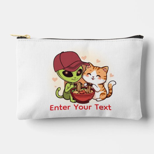 かわいいエイリアン+猫のラーメンのかわいいアート アクセサリーポーチ (正面)
