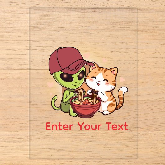 かわいいエイリアン+猫のラーメンのかわいいアート アクリル招待状 (正面)