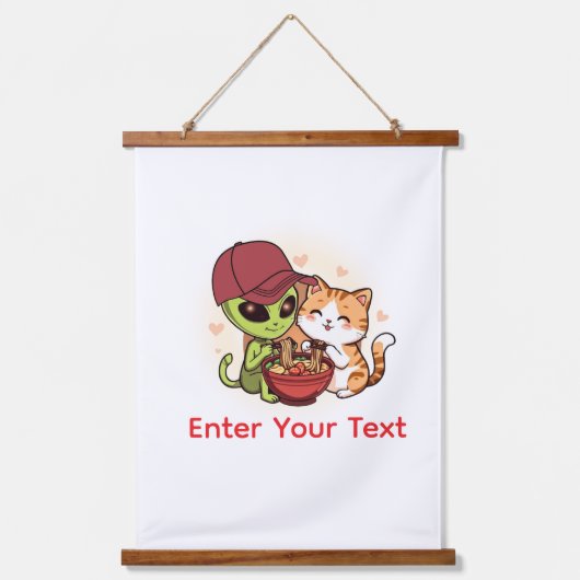 かわいいエイリアン+猫のラーメンのかわいいアート 吊り下げ型タペストリー (正面)