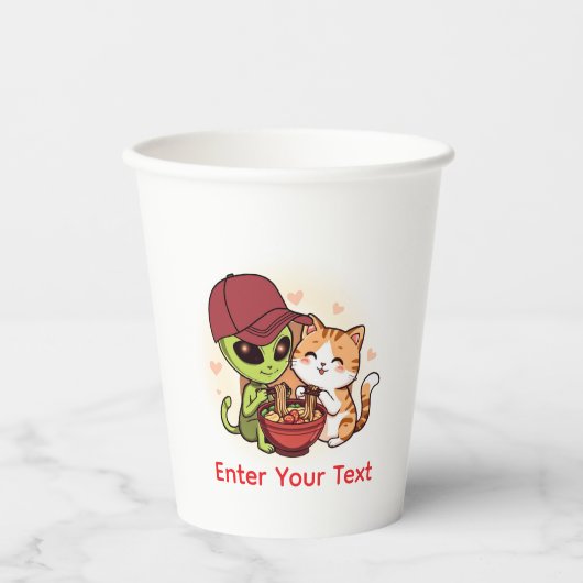 かわいいエイリアン+猫のラーメンのかわいいアート 紙コップ (正面)