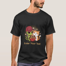 かわいいエイリアン+猫のラーメンのかわいいアート Tシャツ