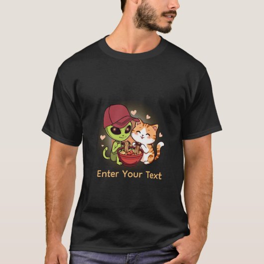 かわいいエイリアン+猫のラーメンのかわいいアート Tシャツ (正面)