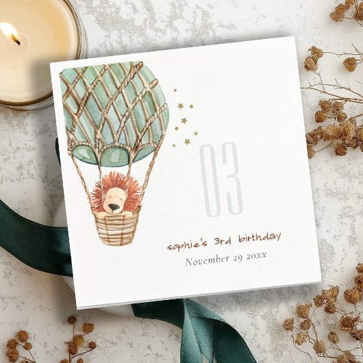 かわいいエコグリーンホットエアバルーンライオン子供の誕生日 スタンダードカクテルナプキン