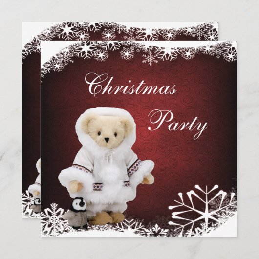 かわいいエスキモーのテディー・ベア及びペンギンのクリスマス・パーティ 招待状 (正面/裏面)
