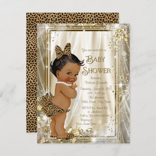 かわいいエスニックガールヒョウ真珠ベビーシャワー 招待状 (正面/裏面)
