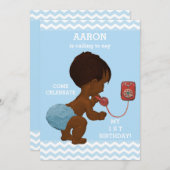 かわいいエスニックボーイ電話で1st誕生日シェブロン 招待状 (正面/裏面)