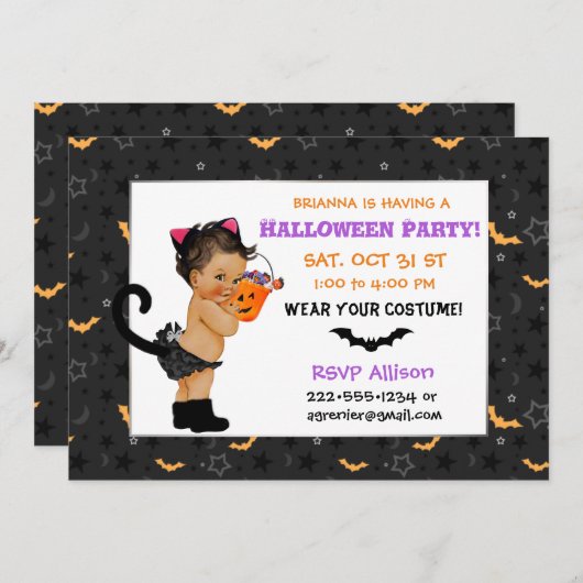 かわいいエスニック·ベビーガール猫衣装ハローウィンパーティ 招待状 (正面/裏面)