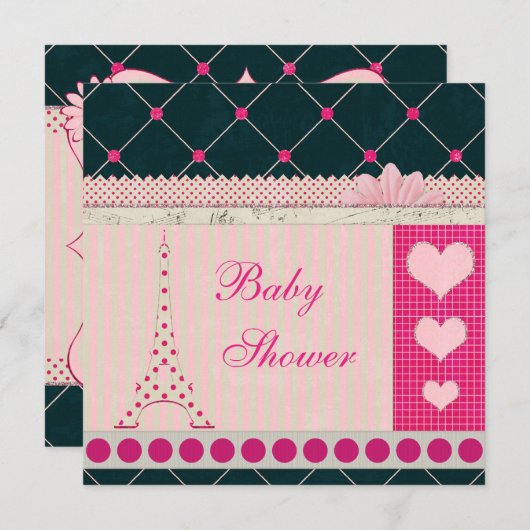 かわいいエッフェル塔のピンクの水玉模様のベビーシャワー 招待状 (正面/裏面)
