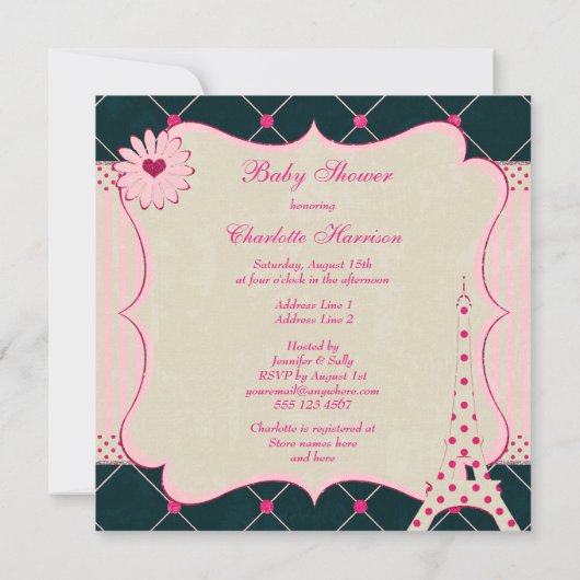 かわいいエッフェル塔のピンクの水玉模様のベビーシャワー 招待状 (裏面)