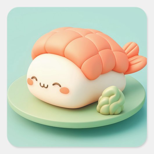 かわいいエビ寿司とわさび スクエアシール (正面)