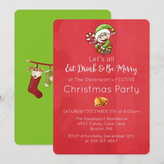 かわいいエルフとクリスマスケインのクリスマス招待状 招待状 (正面/裏面)