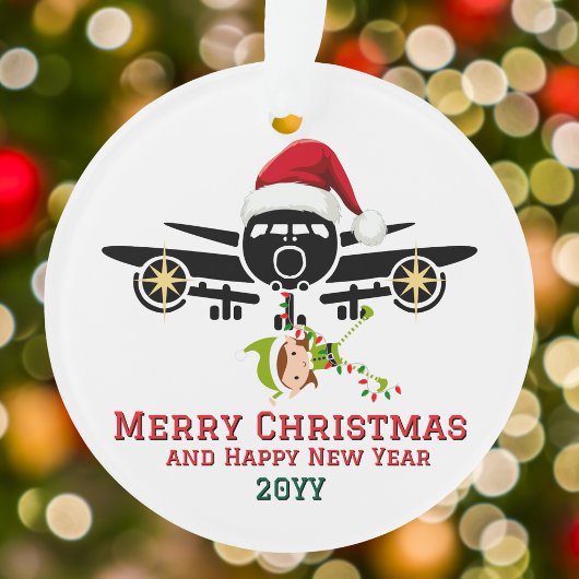 かわいいエルフと飛行機とサンタ帽子 楽しいクリスマス オーナメント