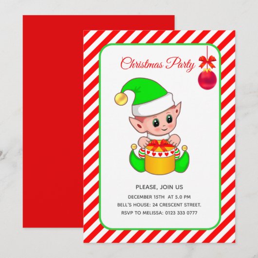 かわいいエルフの赤と白のクリスマス 招待状 (正面/裏面)