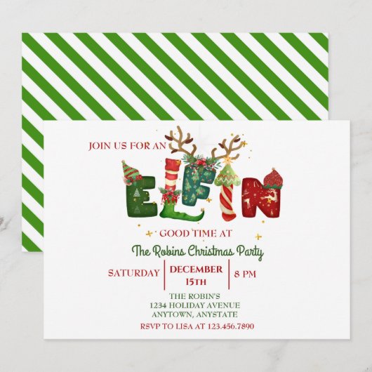 かわいいエルフィンのクリスマスホリデーパーティー招待状 招待状 (正面/裏面)