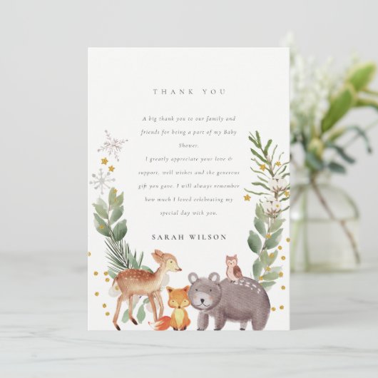 かわいいエレガントな森の動物の葉の赤ちゃんシャワー サンキューカード (スタンド正面)