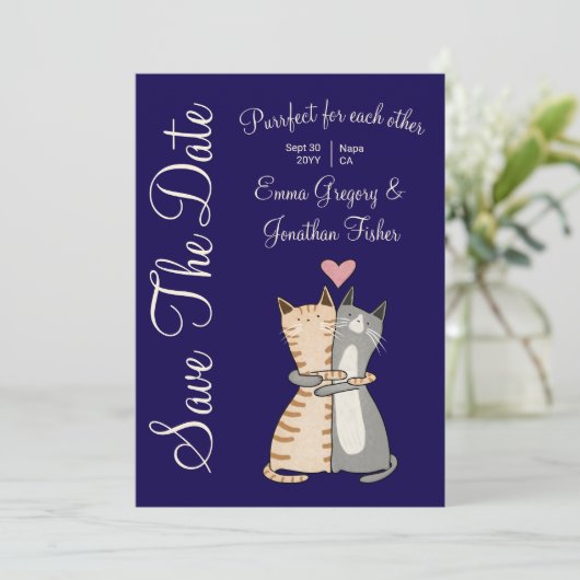 かわいいエレガントな猫の漫画 パーフェクトな結婚式のユーモア セーブザデート (スタンド正面)