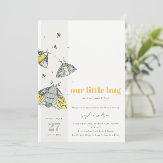 かわいいエレガントイエローグレー小さなバグ赤ちゃんシャワー 招待状 (スタンド正面)