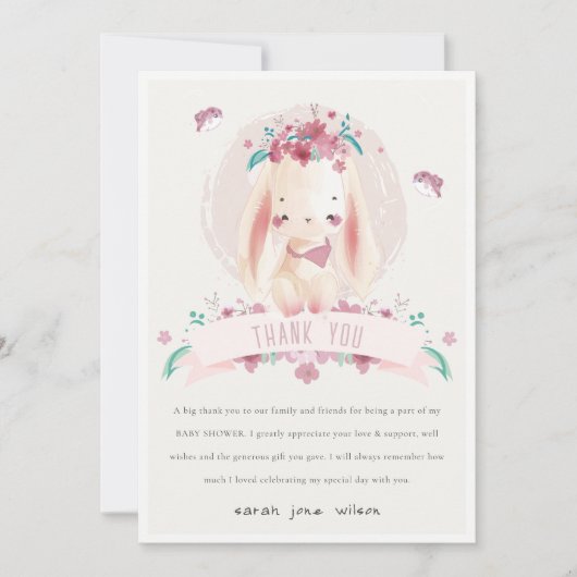かわいいエレガントピンクのフローラバニー&バーズベビーシャワー サンキューカード (正面)