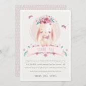 かわいいエレガントピンクのフローラバニー&バーズベビーシャワー サンキューカード (正面/裏面)