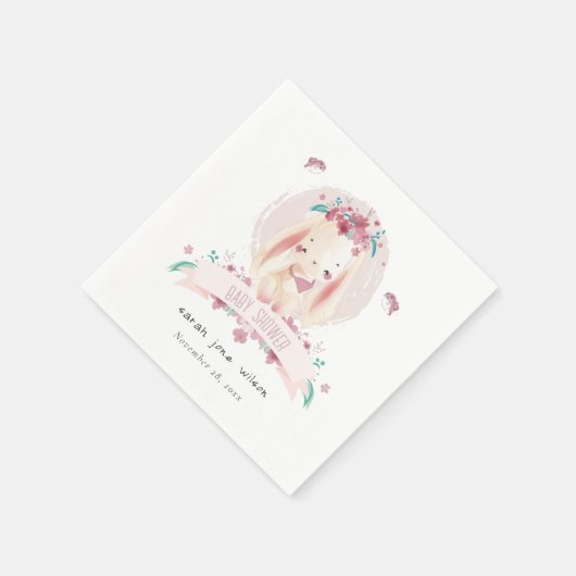かわいいエレガントピンクのフローラバニー&バーズベビーシャワー スタンダードカクテルナプキン (角)