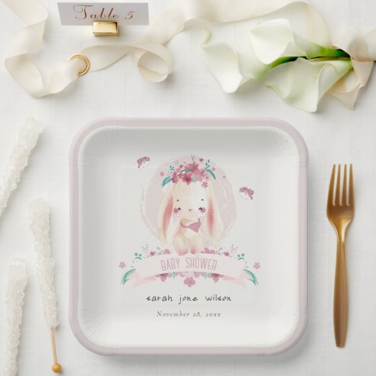 かわいいエレガントピンクのフローラバニー&バーズベビーシャワー ペーパープレート (ウェディング)
