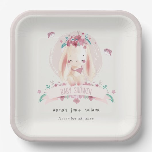 かわいいエレガントピンクのフローラバニー&バーズベビーシャワー ペーパープレート (正面)