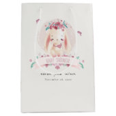 かわいいエレガントピンクのフローラバニー&バーズベビーシャワー ミディアムペーパーバッグ (正面)