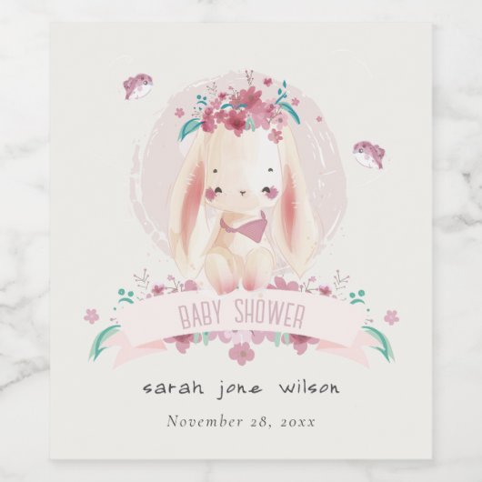 かわいいエレガントピンクのフローラバニー&バーズベビーシャワー ワインラベル (シングルラベル)