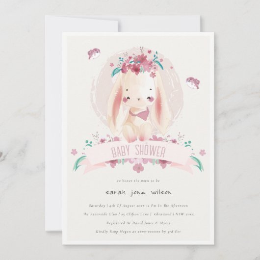 かわいいエレガントピンクのフローラバニー&バーズベビーシャワー 招待状 (正面)