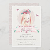 かわいいエレガントピンクのフローラバニー&バーズベビーシャワー 招待状 (正面/裏面)